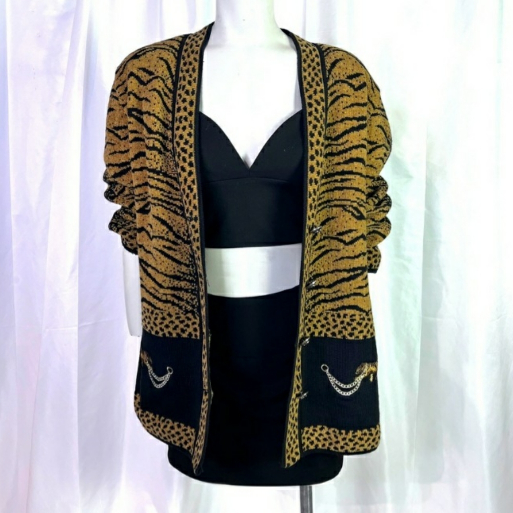 DOLCE BELLA ANIMAL PRINT CARDIGAN CHUNKY OVERSIZED THICK WOOL SWEATER GOLD BLACK